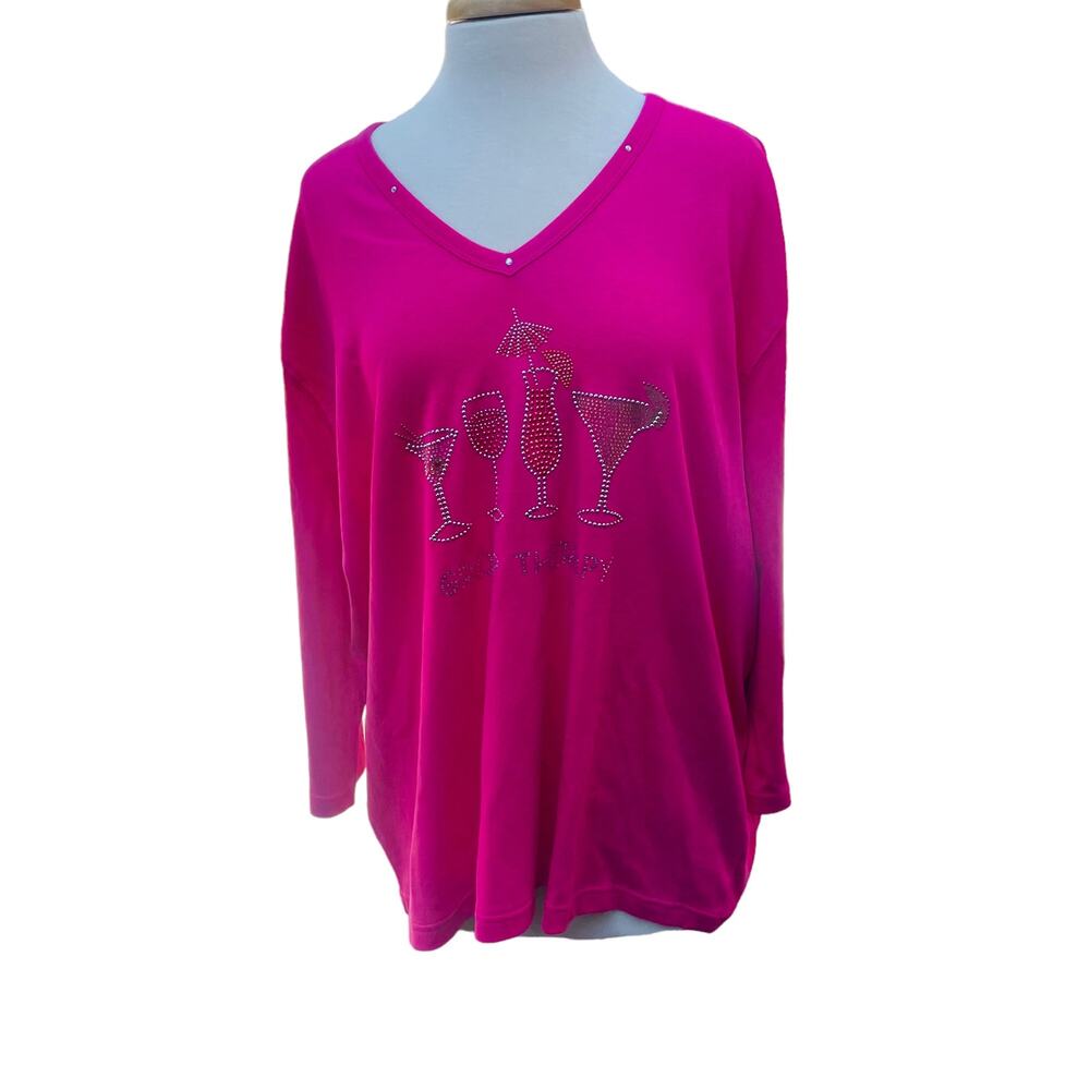 LasOlas Wine Glass Rhinestone Top Women's Size 2X Pink Combed Cotton Long Sleeve